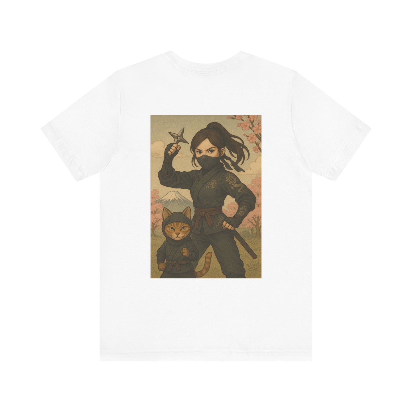 Ninja and Cat T-Shirt - Female Ninja in Black Outfit with Shuriken-Japanese Samurai Style, Mount Fuji, Cherry Blossoms-Cool Unisex Anime Tee