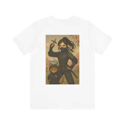 Ninja and Cat T-Shirt - Female Ninja in Black Outfit with Shuriken-Japanese Samurai Style, Mount Fuji, Cherry Blossoms-Cool Unisex Anime Tee