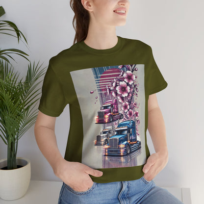 Cherry Blossom Convoy T-Shirt | Japanese Sakura x Modern Truck Art | Unique Graphic Tee for Drivers & Streetwear Lovers No.004