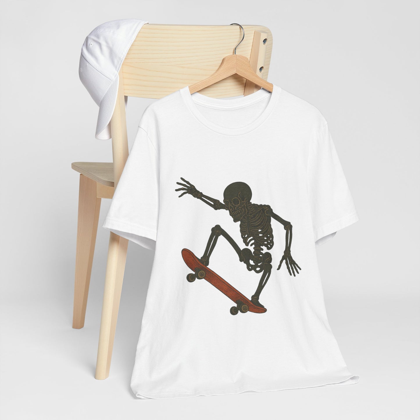 Skater Skeleton Graphic Tee for Adults - Vintage-Style Skeleton Skateboarding Shirt - Edgy Streetwear T-Shirt for Skaters and Art Lovers