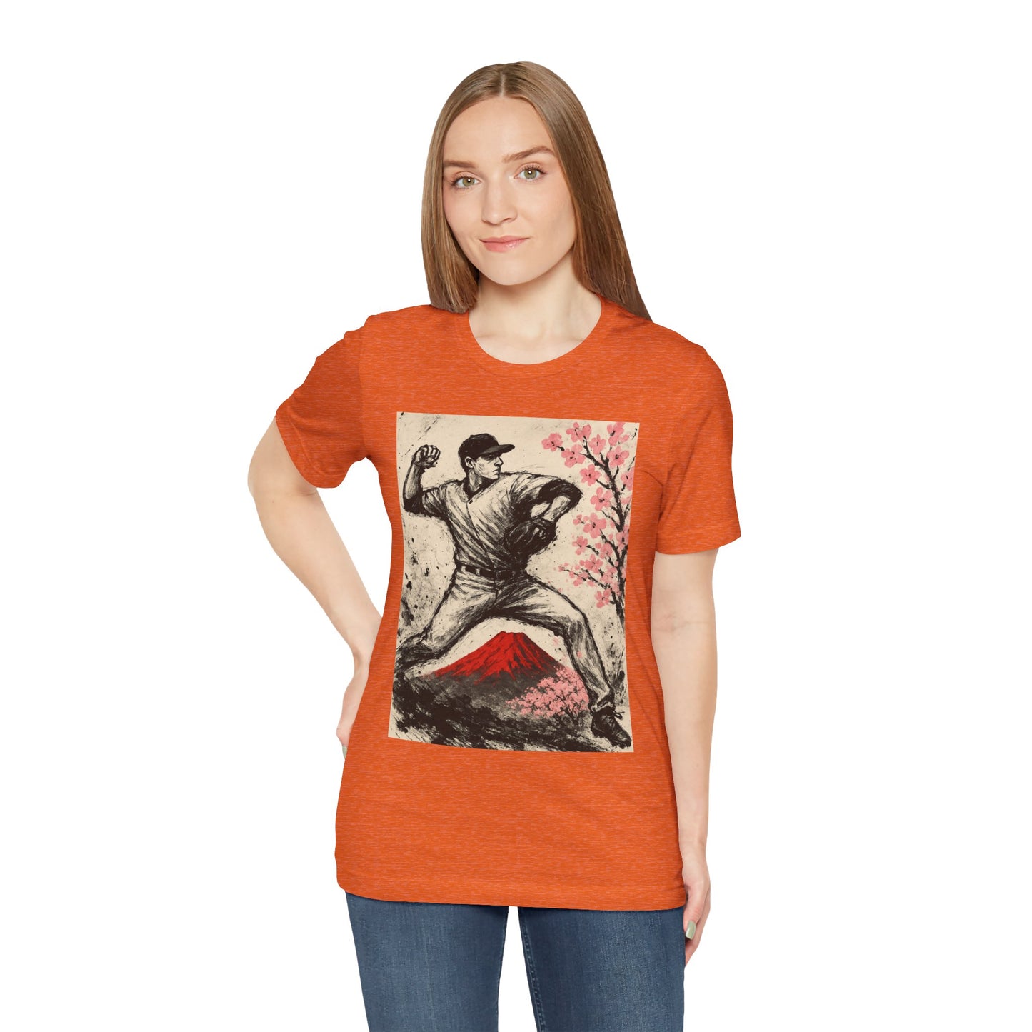 Pro Baseball Pitcher Sumi Ink Art Shirt Fuji Sakura Retro Japanese Print Windup Fastball Tee Japan Inspired Sports Art Gift for Dad