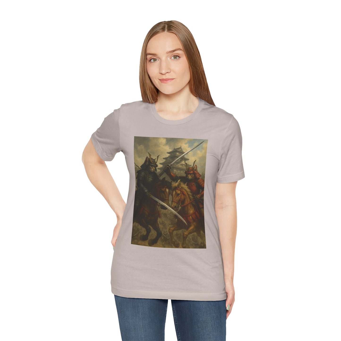 Epic Cat Samurai Battle Tee - War Horses Clash in Front of Japanese Castle  Feline Warrior Art Shirt for Fantasy & Japan Lovers