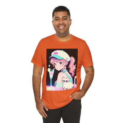 Retro Girl and Cat T Shirt Vaporwave Pastel Anime Shoujo Graphic Tee Neon Cocktail Aesthetic Kawaii Gift for Daughter or Dad Casual Streetwear
