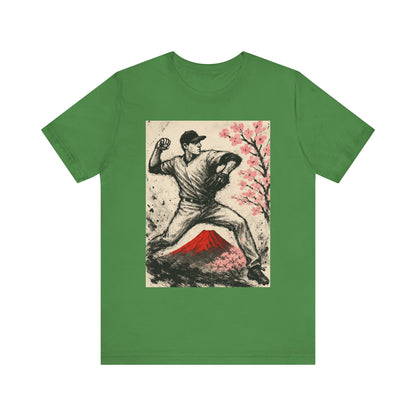 Pro Baseball Pitcher Sumi Ink Art Shirt Fuji Sakura Retro Japanese Print Windup Fastball Tee Japan Inspired Sports Art Gift for Dad