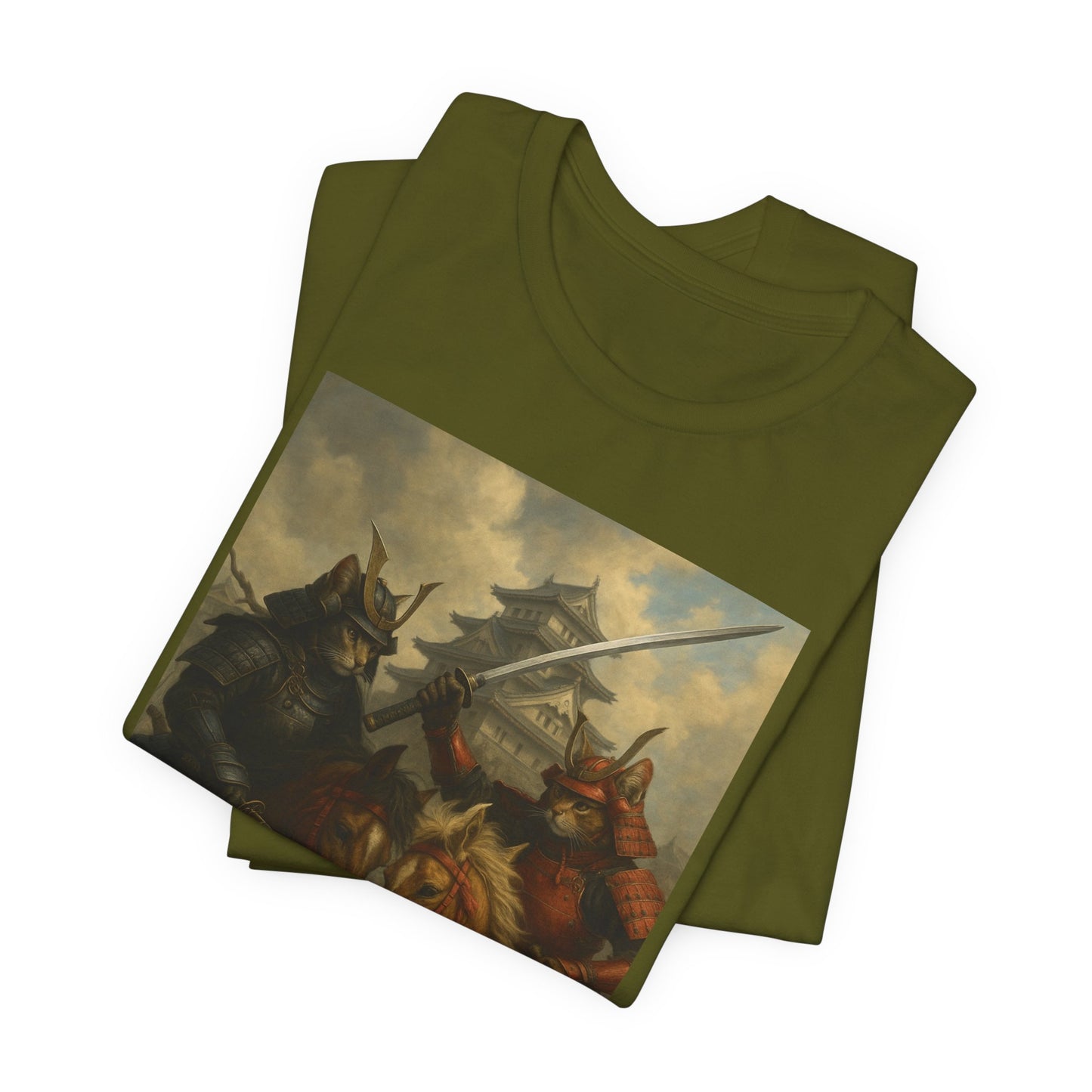Epic Cat Samurai Battle Tee - War Horses Clash in Front of Japanese Castle  Feline Warrior Art Shirt for Fantasy & Japan Lovers