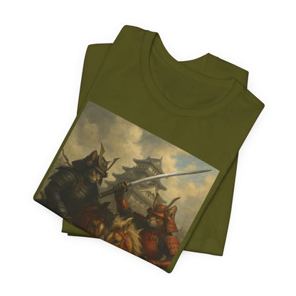 Epic Cat Samurai Battle Tee - War Horses Clash in Front of Japanese Castle  Feline Warrior Art Shirt for Fantasy & Japan Lovers