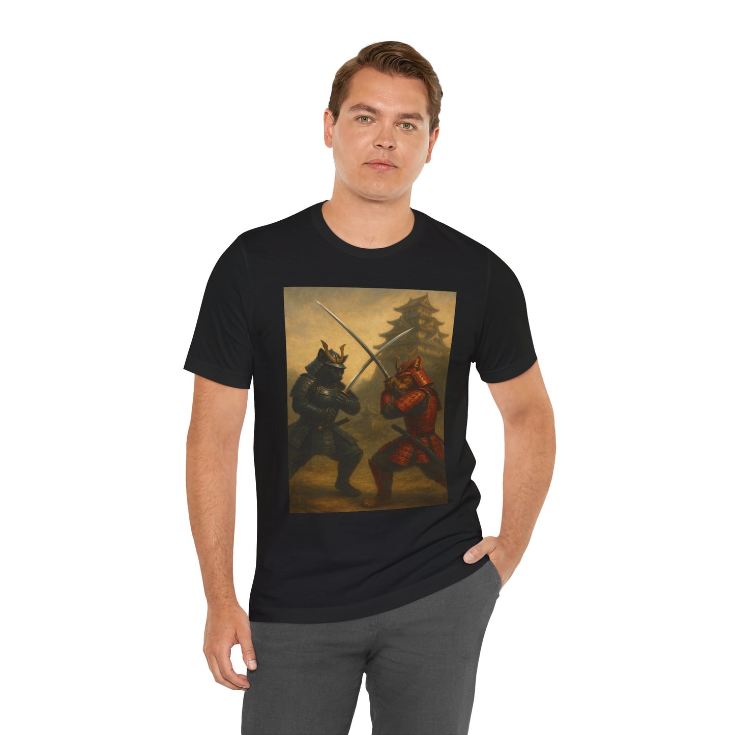Epic Cat Samurai Battle Tee - War Horses Clash in Front of Japanese Castle  Feline Warrior Art Shirt for Fantasy & Japan Lovers