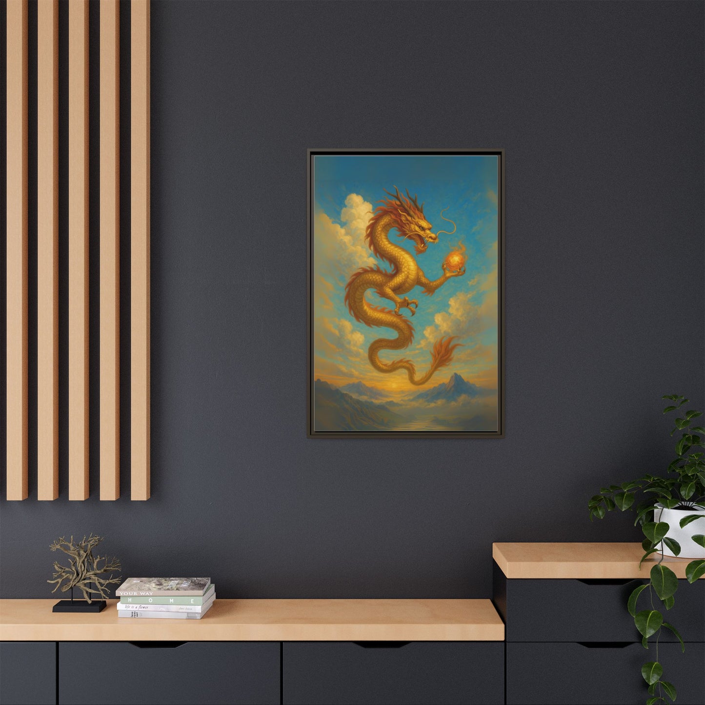 Golden Dragon Canvas Feng Shui Wall Art Asian Myth Painting Sky Cloud Mountain Good Luck Decor Gift for Dad Living Room Office