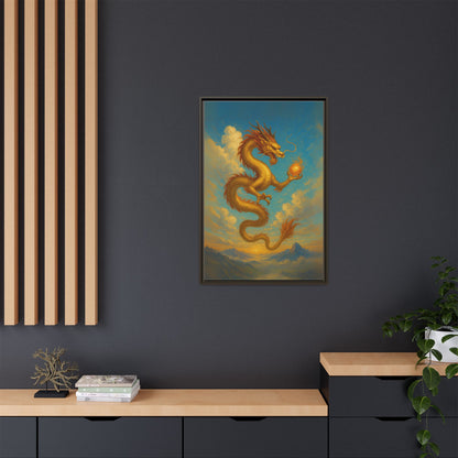 Golden Dragon Canvas Feng Shui Wall Art Asian Myth Painting Sky Cloud Mountain Good Luck Decor Gift for Dad Living Room Office