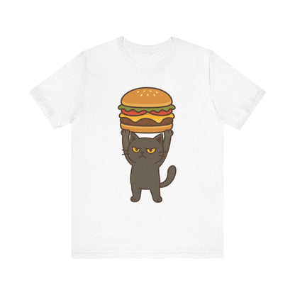 "Hanba-nyaa~" Cute Japanese Cat T-Shirt – Funny Burger & Cat Design – Kawaii Style Unisex Tee – Gift for Food & Cat Lovers