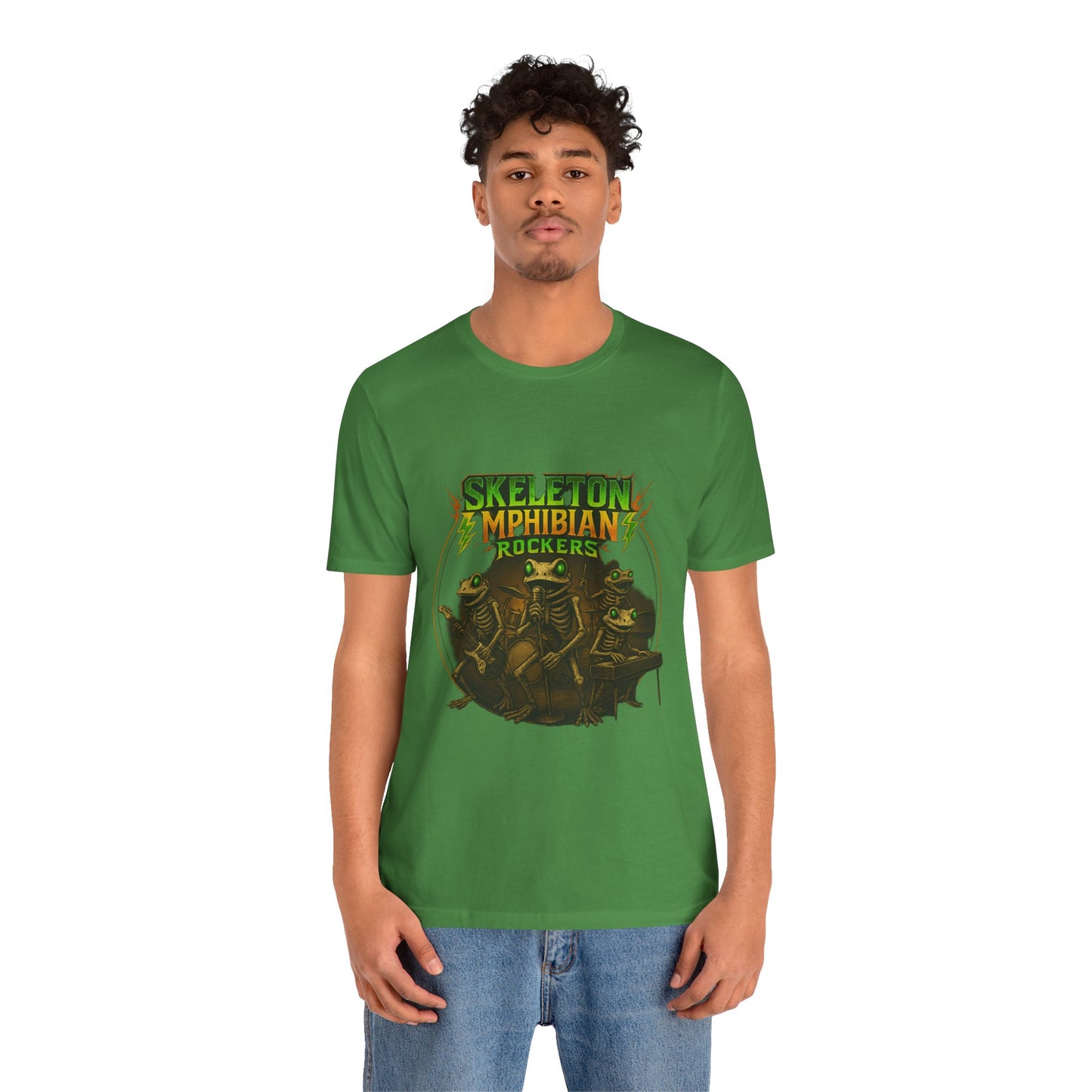 Skeleton Amphibian Rockers Album Cover Tee - Green Eyed Skeleton Frog Band Vocal Guitar Piano Drums Rock Art Shirt