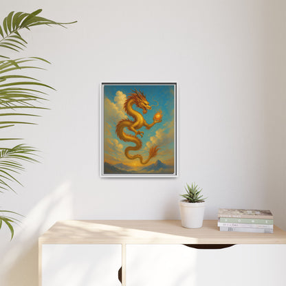 Golden Dragon Canvas Feng Shui Wall Art Asian Myth Painting Sky Cloud Mountain Good Luck Decor Gift for Dad Living Room Office