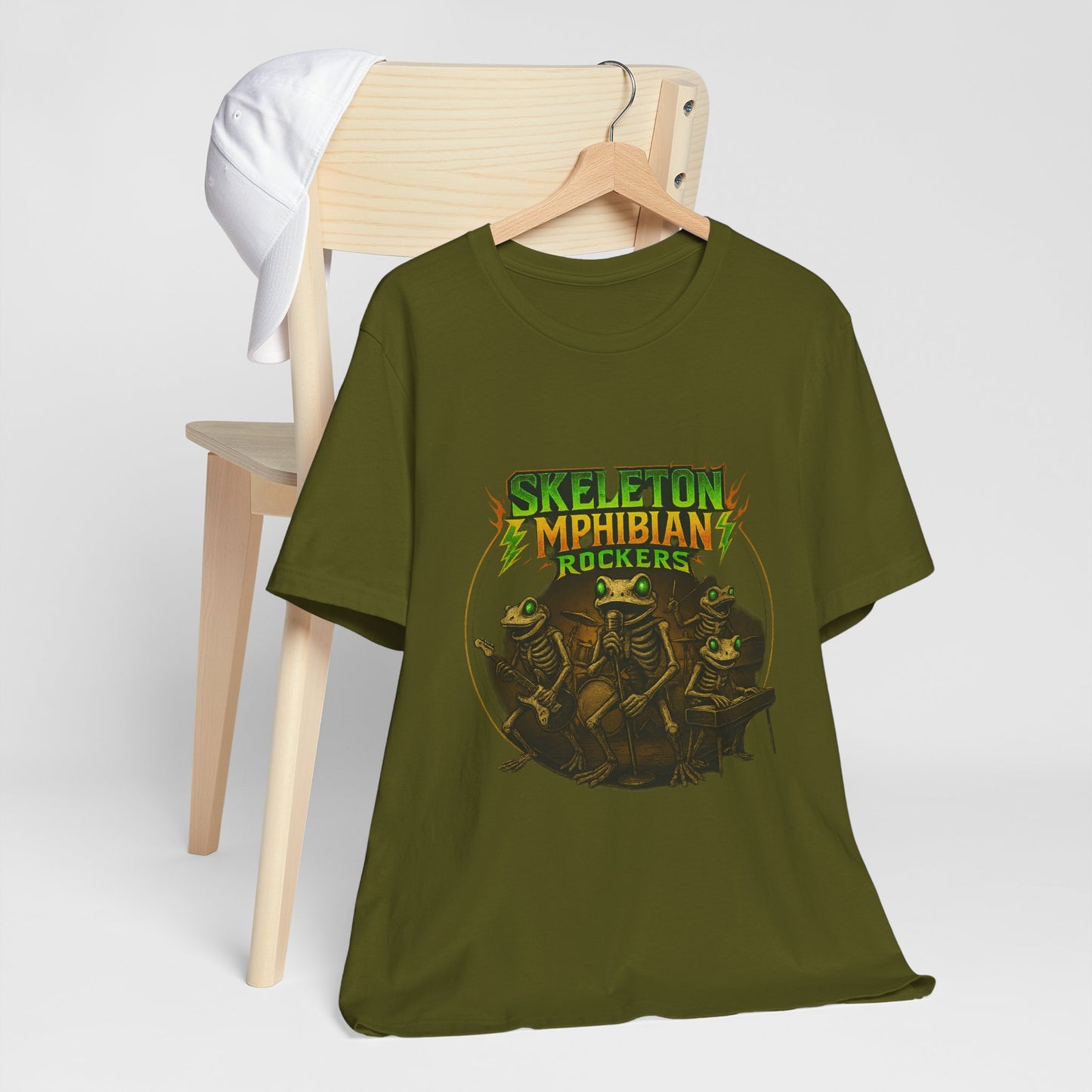 Skeleton Amphibian Rockers Album Cover Tee - Green Eyed Skeleton Frog Band Vocal Guitar Piano Drums Rock Art Shirt