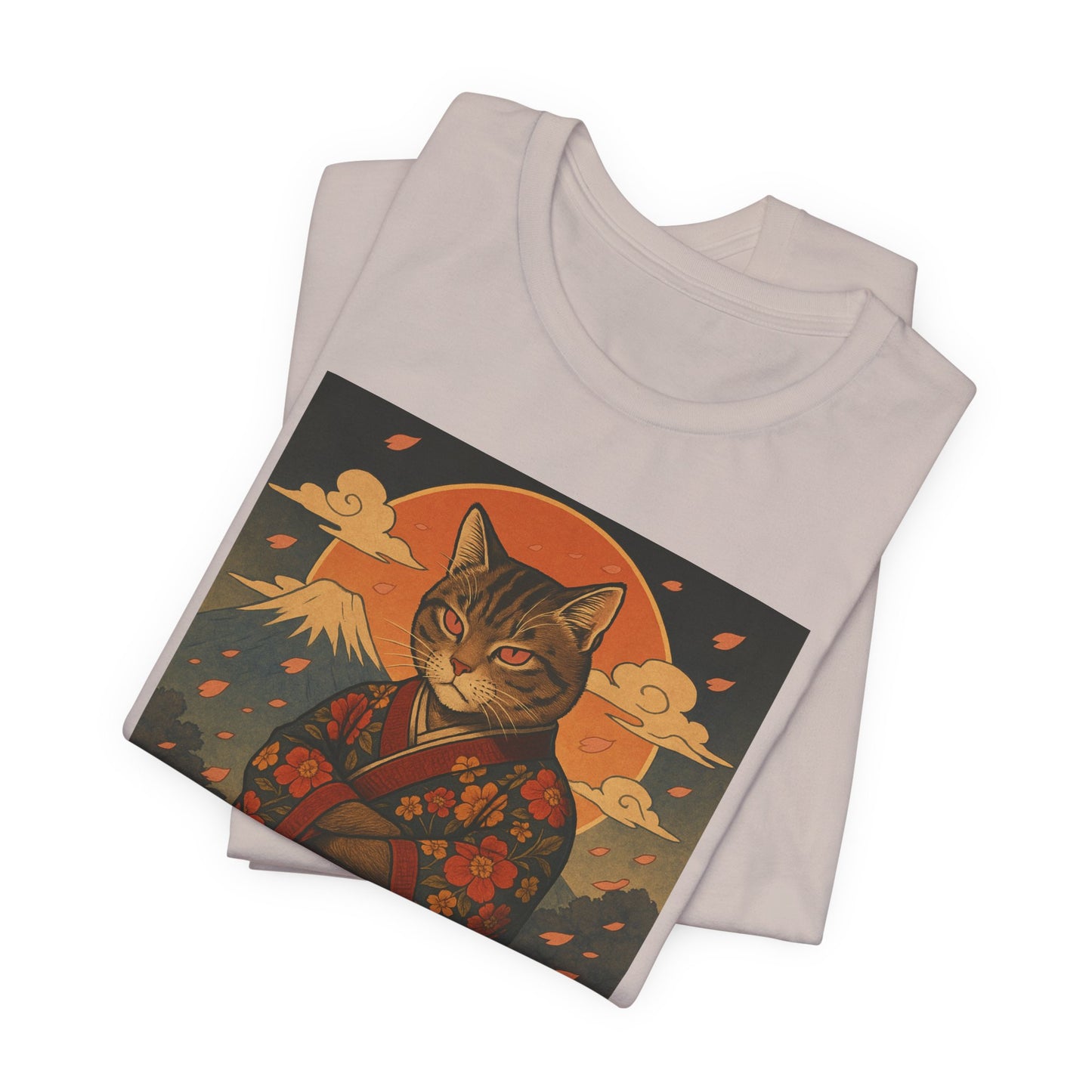 Samurai Cat T-Shirt - Floral Kimono Warrior with Katana | Japanese Ukiyo-e Style, Cherry Blossoms & Mount Fuji | Bold Cat Art Tee