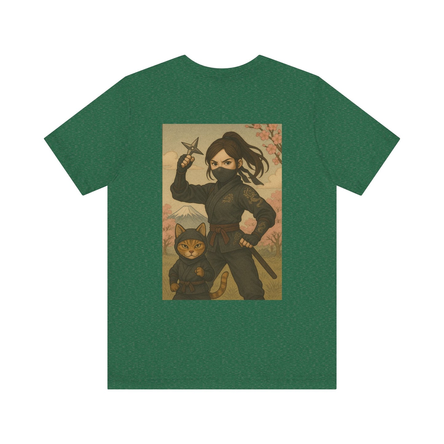Ninja and Cat T-Shirt - Female Ninja in Black Outfit with Shuriken-Japanese Samurai Style, Mount Fuji, Cherry Blossoms-Cool Unisex Anime Tee