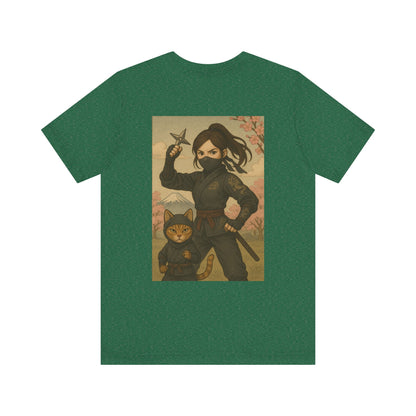 Ninja and Cat T-Shirt - Female Ninja in Black Outfit with Shuriken-Japanese Samurai Style, Mount Fuji, Cherry Blossoms-Cool Unisex Anime Tee