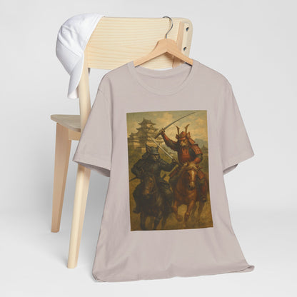 Epic Cat Samurai Battle Tee - War Horses Clash in Front of Japanese Castle  Feline Warrior Art Shirt for Fantasy & Japan Lovers