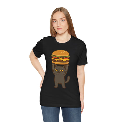 "Hanba-nyaa~" Cute Japanese Cat T-Shirt – Funny Burger & Cat Design – Kawaii Style Unisex Tee – Gift for Food & Cat Lovers