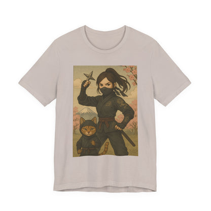 Ninja and Cat T-Shirt - Female Ninja in Black Outfit with Shuriken-Japanese Samurai Style, Mount Fuji, Cherry Blossoms-Cool Unisex Anime Tee