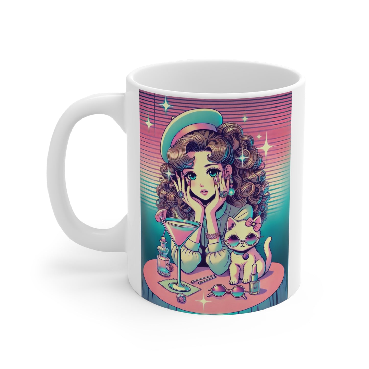 Retro Girl and Cat Mug Vaporwave Pastel Anime Shoujo Style Coffee Cup Cocktail Lounge Aesthetic Cute Kawaii Gift for Daughter or Dad