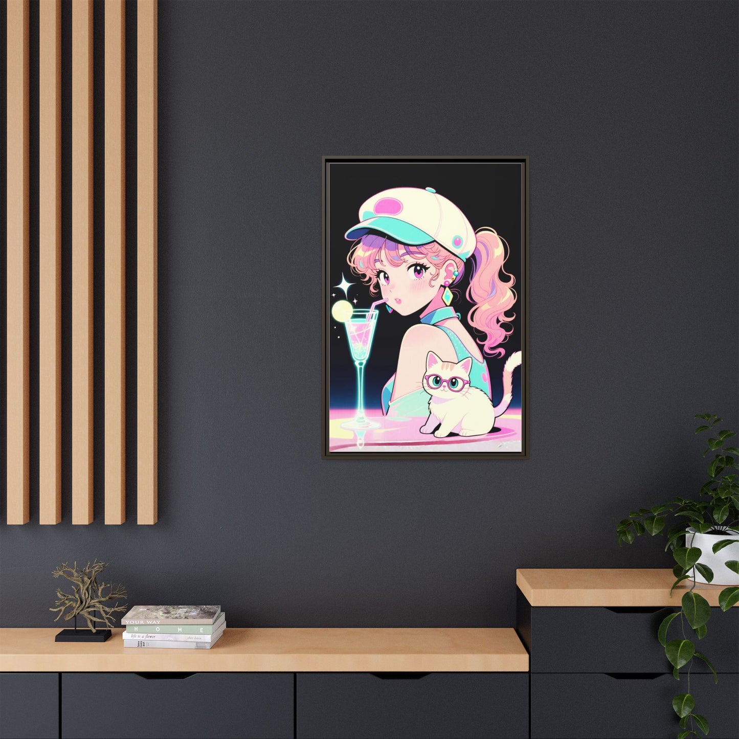 Retro Girl and Cat Canvas Vaporwave Pastel Anime Shoujo Wall Art Neon Cocktail Aesthetic Kawaii Gift for Daughter or Dad
