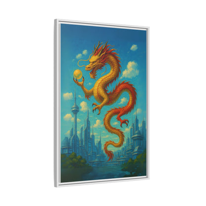 Neo Tokyo Golden Dragon Canvas Japan Inspired Futuristic Skyline Painting Feng Shui Good Luck Decor Dragon Pearl Gift for Dad