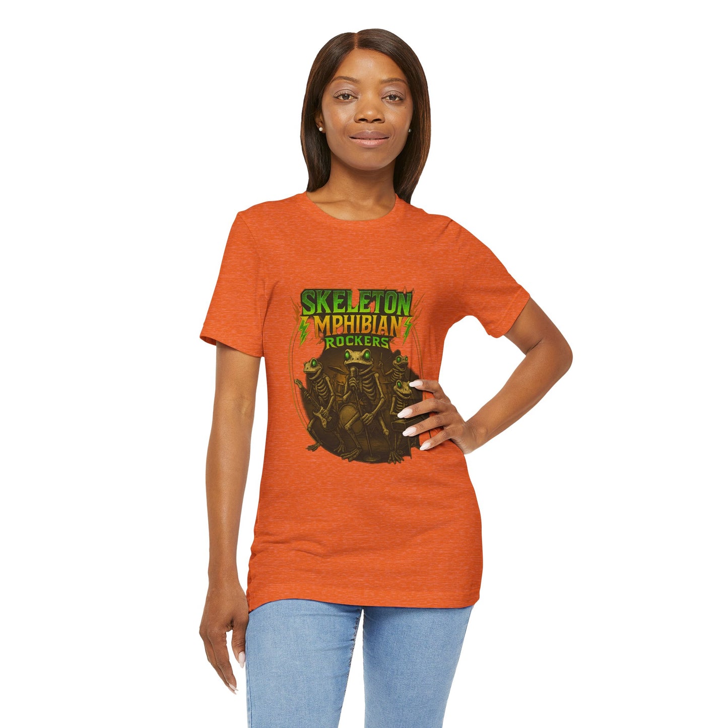 Skeleton Amphibian Rockers Album Cover Tee - Green Eyed Skeleton Frog Band Vocal Guitar Piano Drums Rock Art Shirt