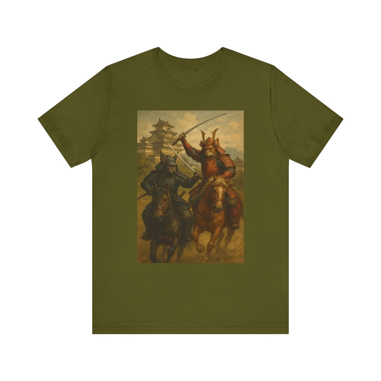 Epic Cat Samurai Battle Tee - War Horses Clash in Front of Japanese Castle  Feline Warrior Art Shirt for Fantasy & Japan Lovers