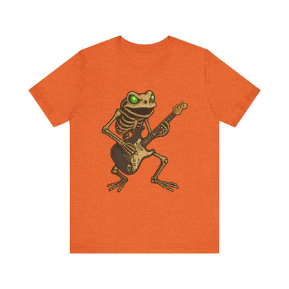 Skeleton Frog Shredding Electric Guitar Tee - Glowing Green Eyes Rock Art Shirt for Musicians Frog Lovers and Gothic Punk Style