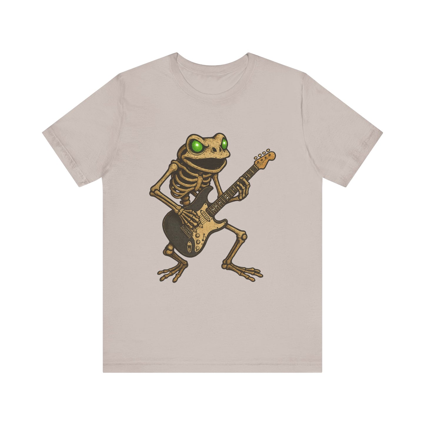 Skeleton Frog Shredding Electric Guitar Tee - Glowing Green Eyes Rock Art Shirt for Musicians Frog Lovers and Gothic Punk Style
