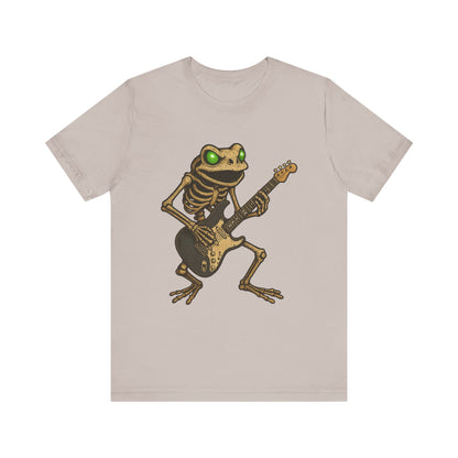 Skeleton Frog Shredding Electric Guitar Tee - Glowing Green Eyes Rock Art Shirt for Musicians Frog Lovers and Gothic Punk Style