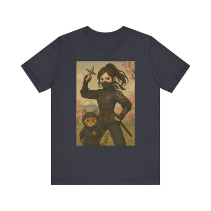 Ninja and Cat T-Shirt - Female Ninja in Black Outfit with Shuriken-Japanese Samurai Style, Mount Fuji, Cherry Blossoms-Cool Unisex Anime Tee
