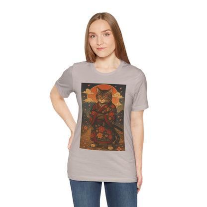 Samurai Cat T-Shirt - Floral Kimono Warrior with Katana | Japanese Ukiyo-e Style, Cherry Blossoms & Mount Fuji | Bold Cat Art Tee