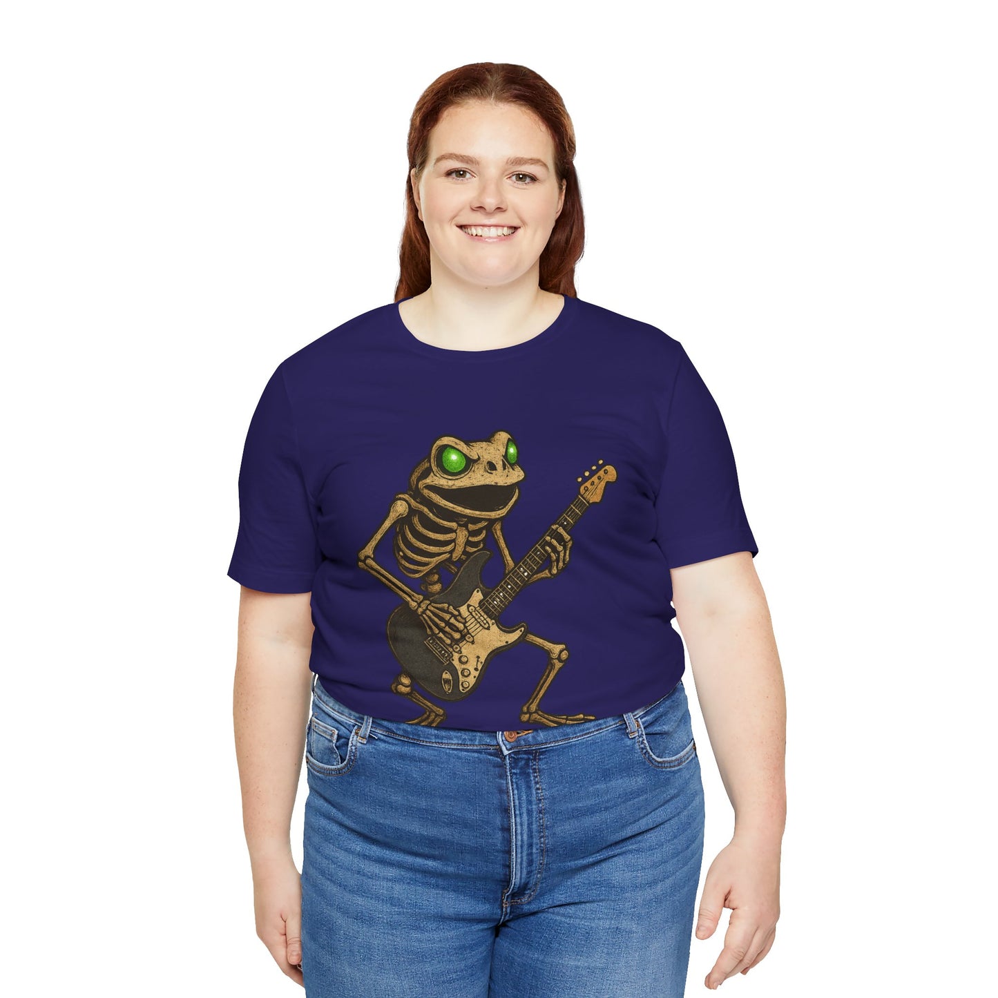 Skeleton Frog Shredding Electric Guitar Tee - Glowing Green Eyes Rock Art Shirt for Musicians Frog Lovers and Gothic Punk Style