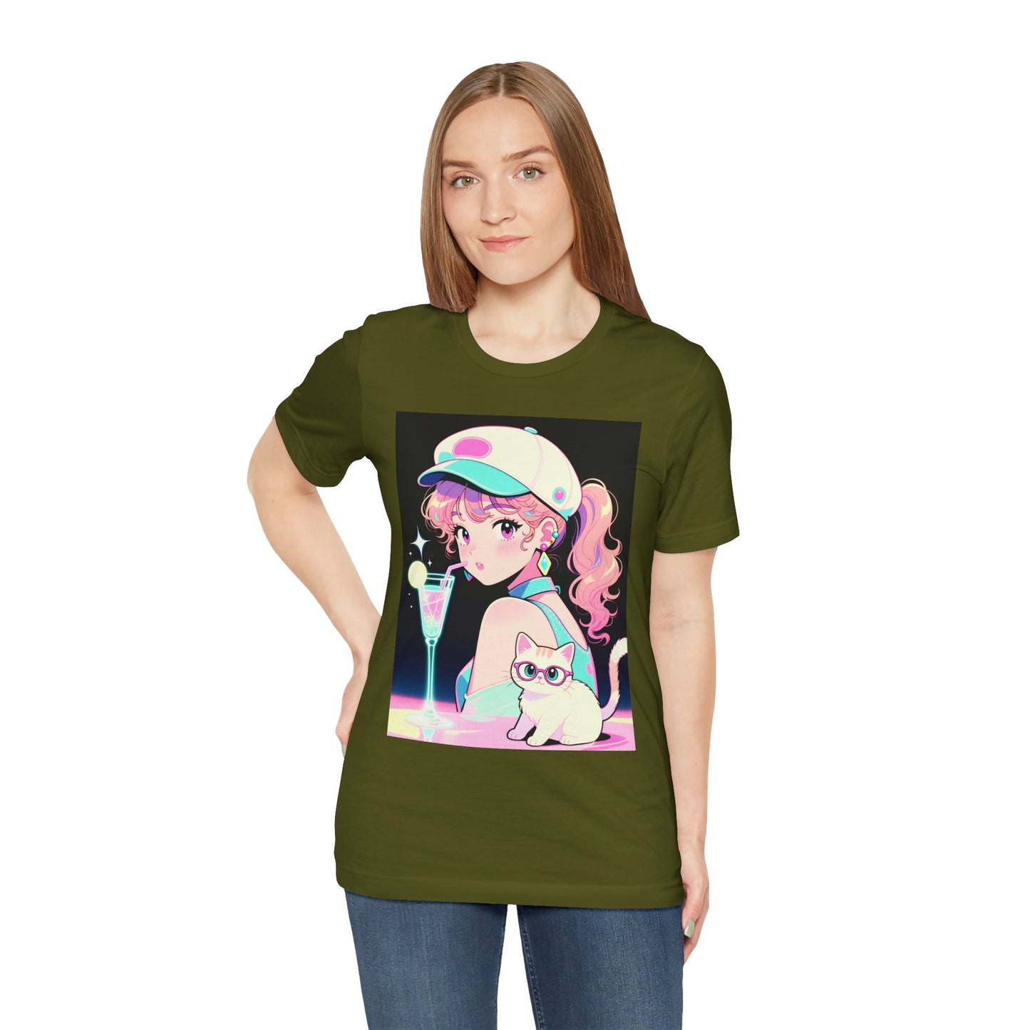 Retro Girl and Cat T Shirt Vaporwave Pastel Anime Shoujo Graphic Tee Neon Cocktail Aesthetic Kawaii Gift for Daughter or Dad Casual Streetwear