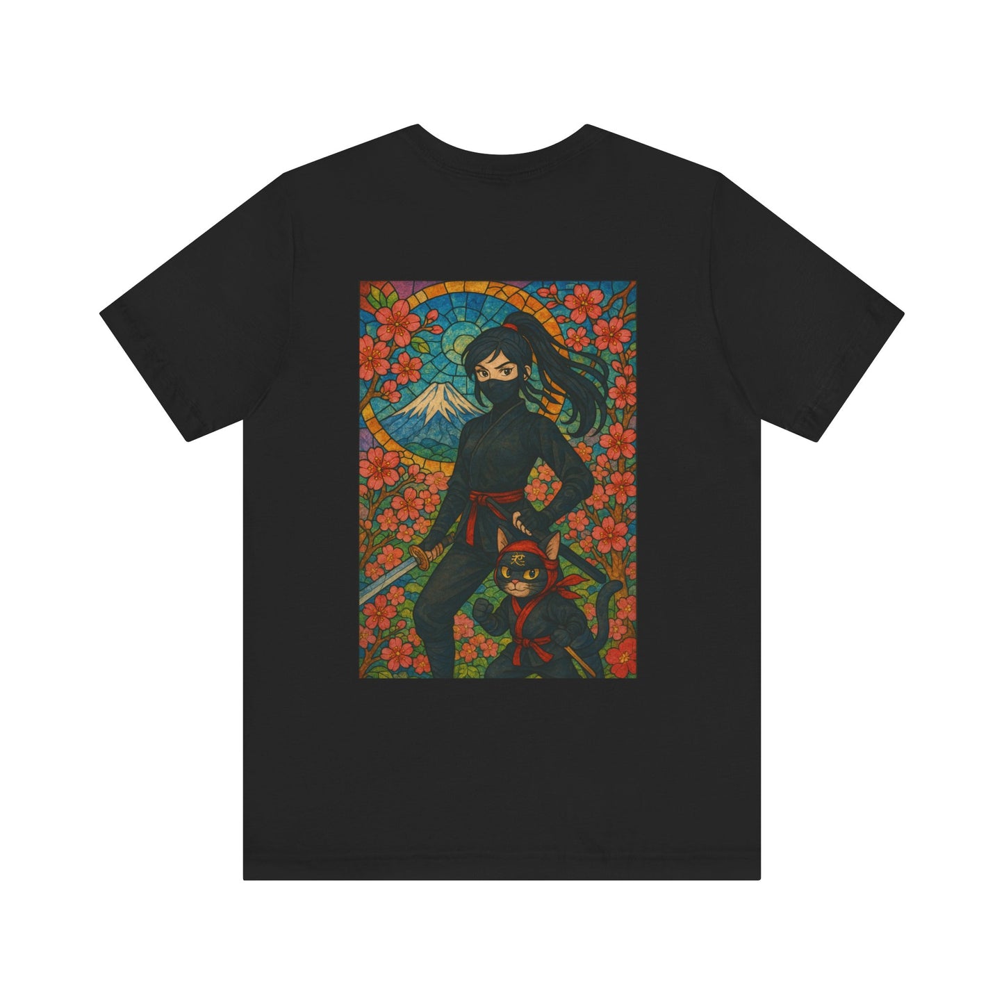 Ninja and Cat T-Shirt - Female Ninja in Black Outfit with Shuriken-Japanese Samurai Style, Mount Fuji, Cherry Blossoms-Cool Unisex Anime Tee