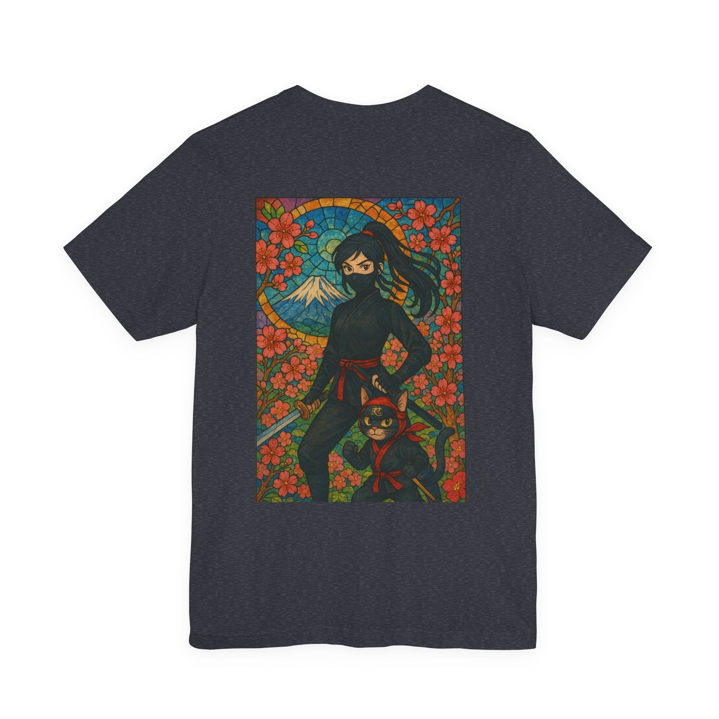 Ninja and Cat T-Shirt - Female Ninja in Black Outfit with Shuriken-Japanese Samurai Style, Mount Fuji, Cherry Blossoms-Cool Unisex Anime Tee
