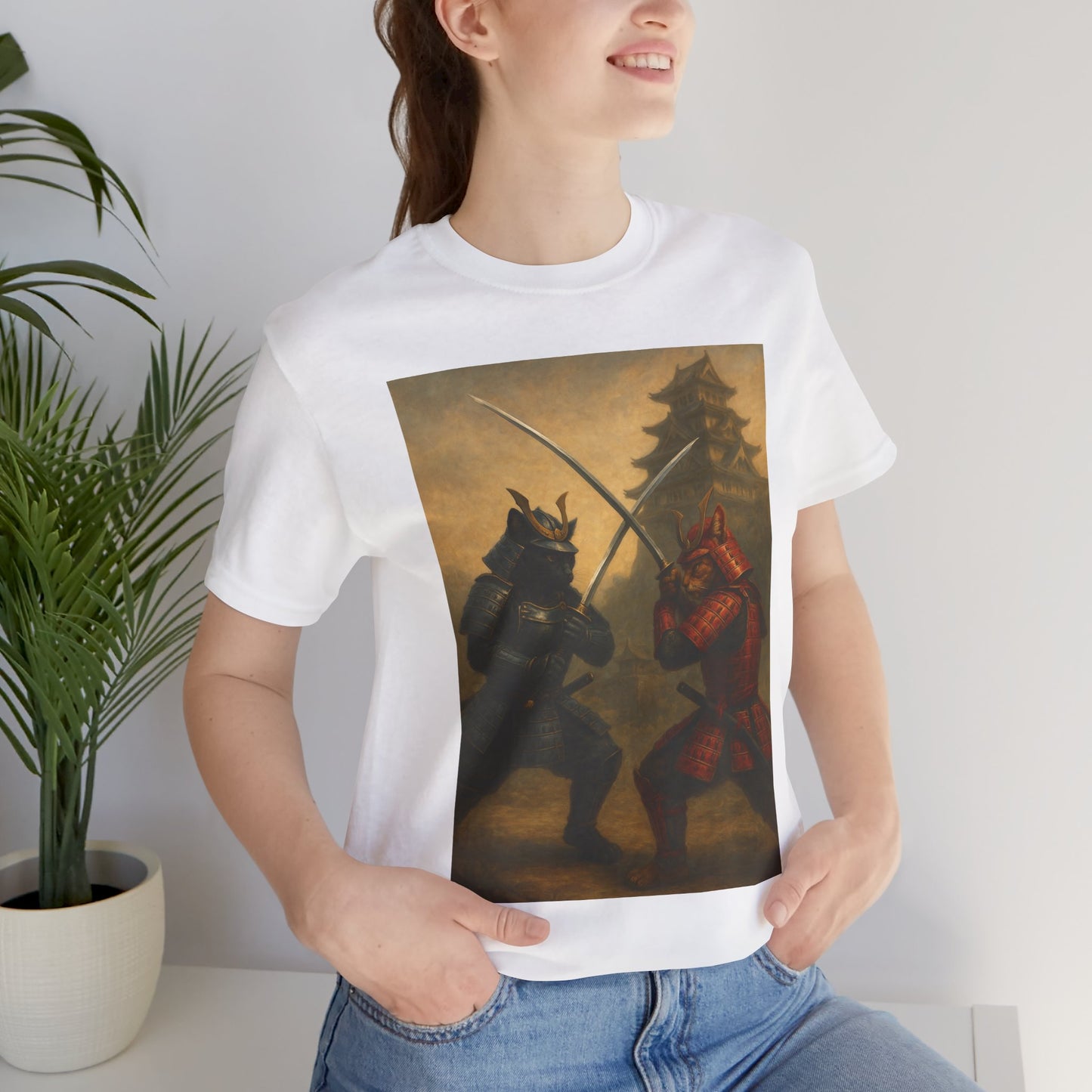 Epic Cat Samurai Battle Tee - War Horses Clash in Front of Japanese Castle  Feline Warrior Art Shirt for Fantasy & Japan Lovers