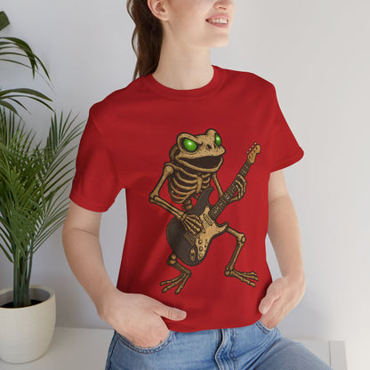 Skeleton Frog Shredding Electric Guitar Tee - Glowing Green Eyes Rock Art Shirt for Musicians Frog Lovers and Gothic Punk Style