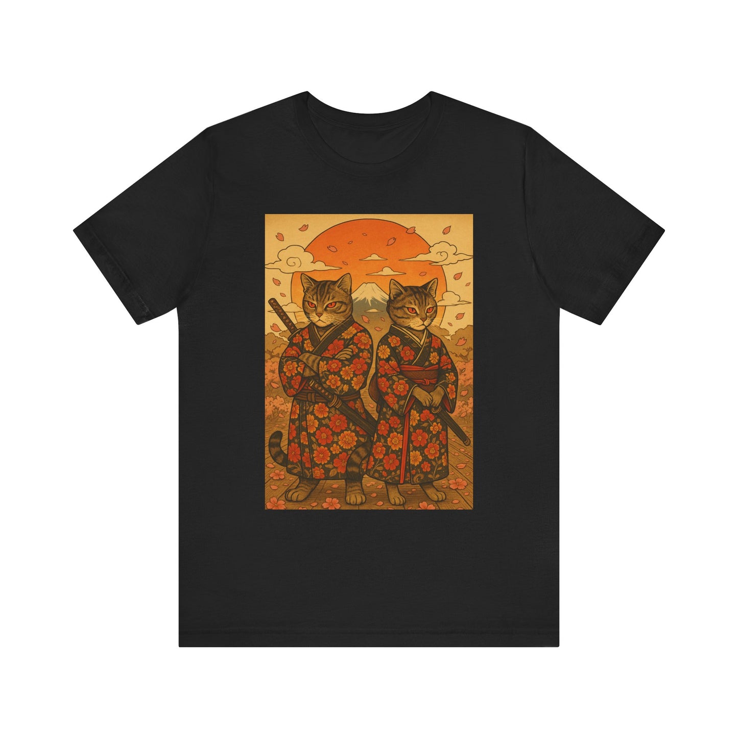 Samurai Cat T-Shirt - Floral Kimono Warrior with Katana | Japanese Ukiyo-e Style, Cherry Blossoms & Mount Fuji | Bold Cat Art Tee