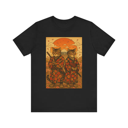 Samurai Cat T-Shirt - Floral Kimono Warrior with Katana | Japanese Ukiyo-e Style, Cherry Blossoms & Mount Fuji | Bold Cat Art Tee