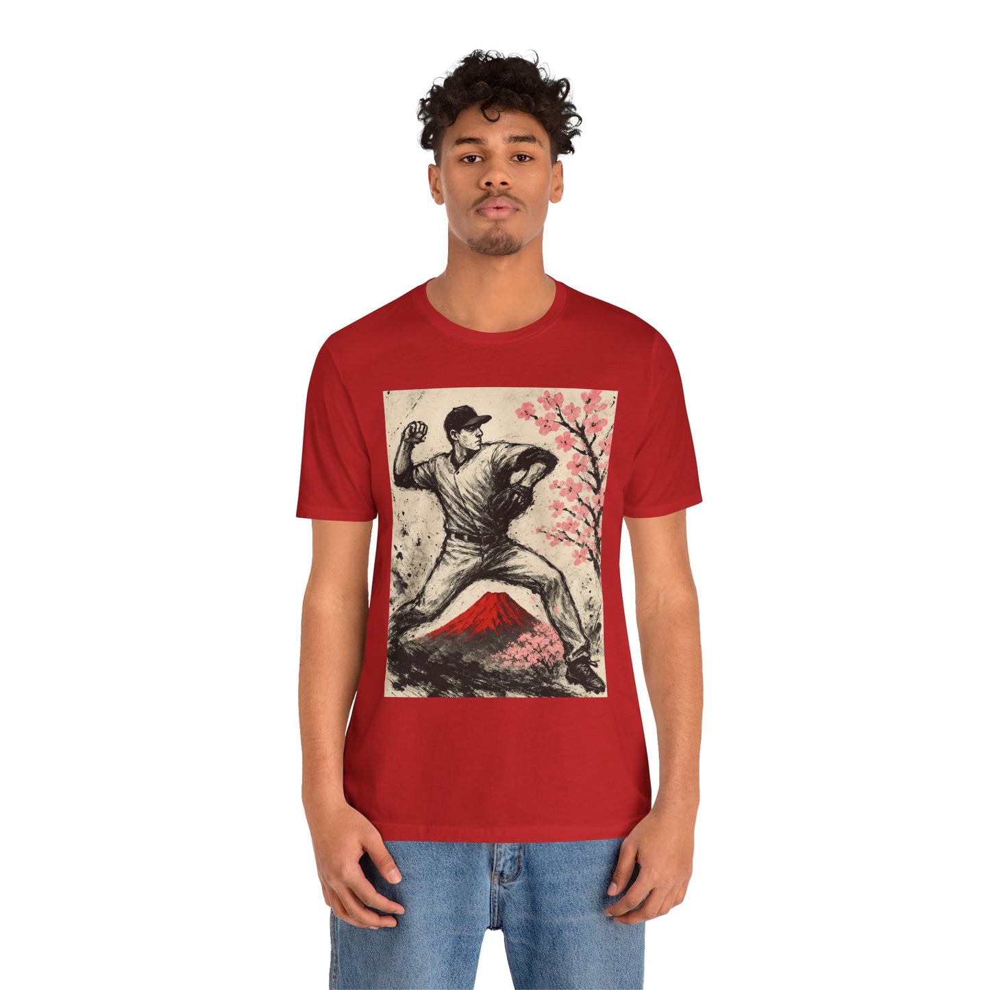 Pro Baseball Pitcher Sumi Ink Art Shirt Fuji Sakura Retro Japanese Print Windup Fastball Tee Japan Inspired Sports Art Gift for Dad