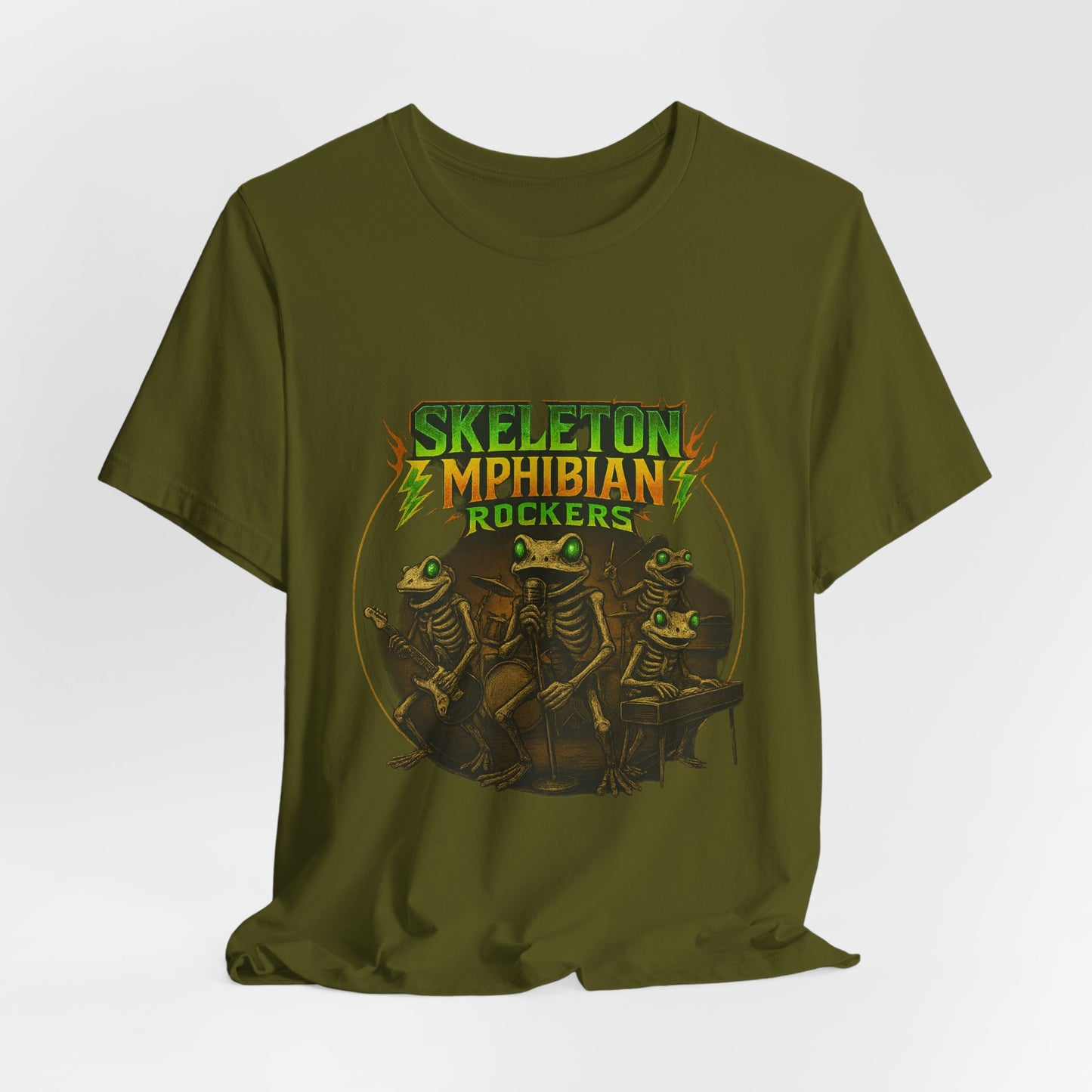 Skeleton Amphibian Rockers Album Cover Tee - Green Eyed Skeleton Frog Band Vocal Guitar Piano Drums Rock Art Shirt