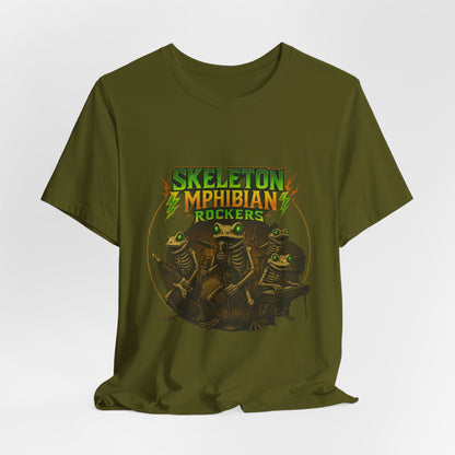 Skeleton Amphibian Rockers Album Cover Tee - Green Eyed Skeleton Frog Band Vocal Guitar Piano Drums Rock Art Shirt