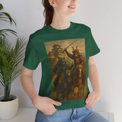 Epic Cat Samurai Battle Tee - War Horses Clash in Front of Japanese Castle  Feline Warrior Art Shirt for Fantasy & Japan Lovers