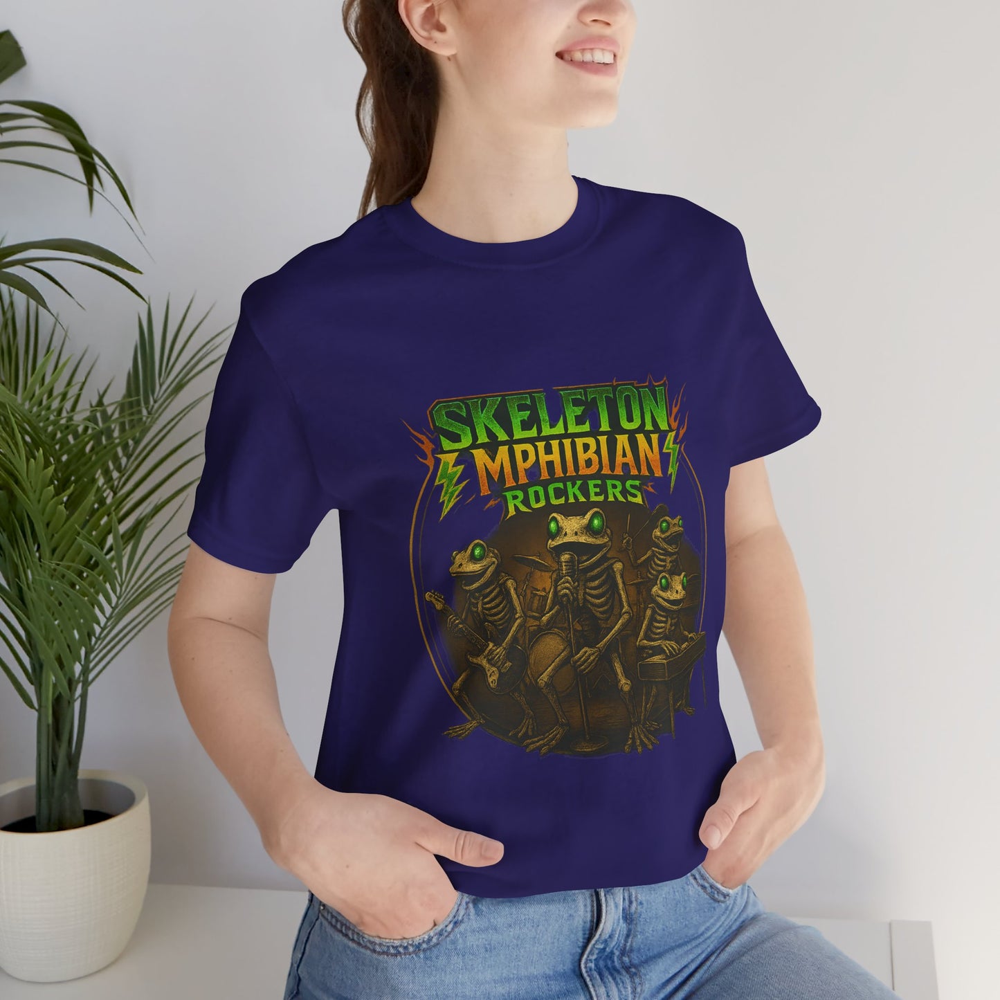 Skeleton Amphibian Rockers Album Cover Tee - Green Eyed Skeleton Frog Band Vocal Guitar Piano Drums Rock Art Shirt