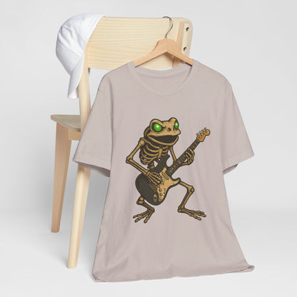 Skeleton Frog Shredding Electric Guitar Tee - Glowing Green Eyes Rock Art Shirt for Musicians Frog Lovers and Gothic Punk Style