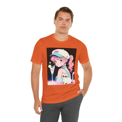 Retro Girl and Cat T Shirt Vaporwave Pastel Anime Shoujo Graphic Tee Neon Cocktail Aesthetic Kawaii Gift for Daughter or Dad Casual Streetwear