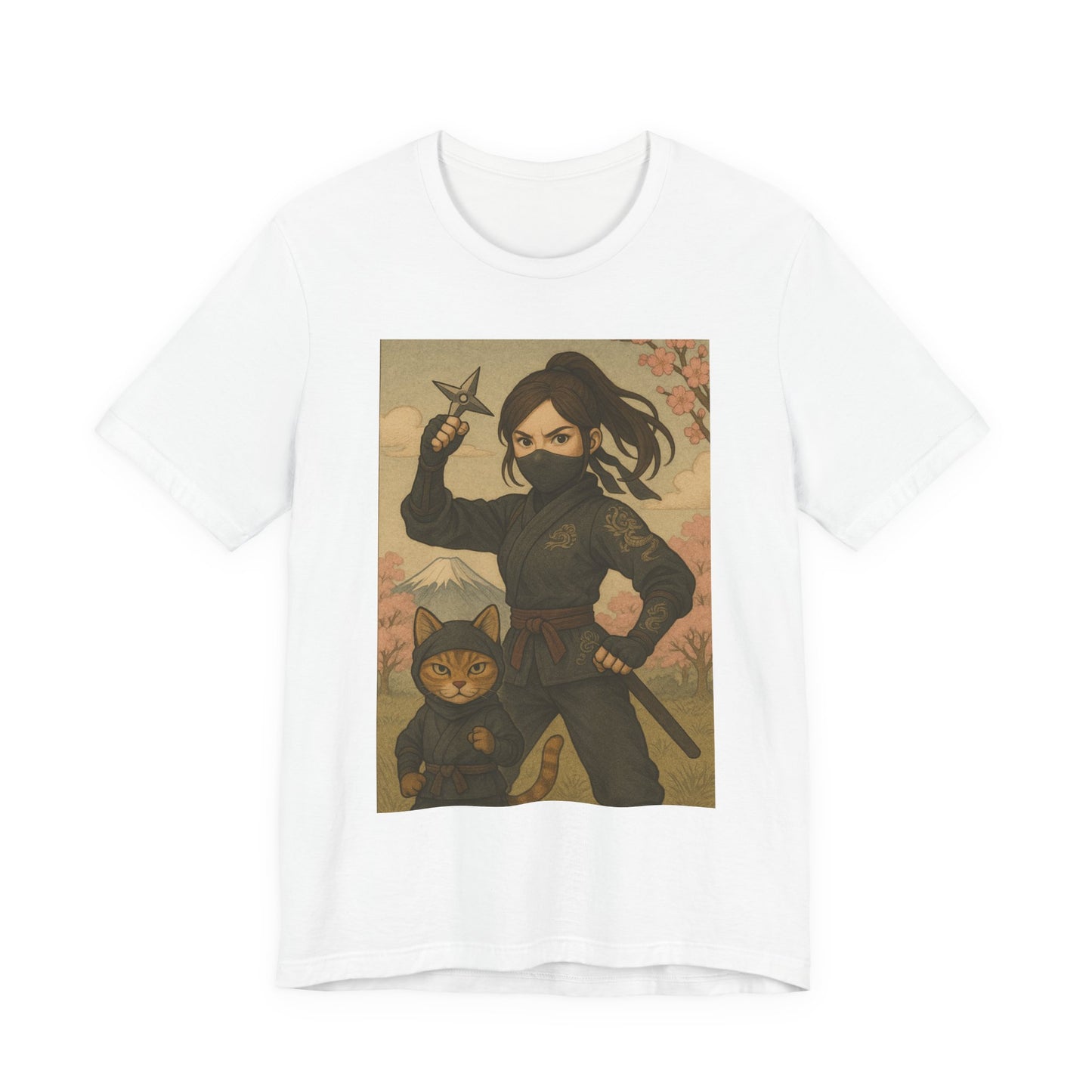 Ninja and Cat T-Shirt - Female Ninja in Black Outfit with Shuriken-Japanese Samurai Style, Mount Fuji, Cherry Blossoms-Cool Unisex Anime Tee