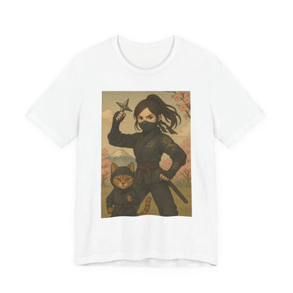 Ninja and Cat T-Shirt - Female Ninja in Black Outfit with Shuriken-Japanese Samurai Style, Mount Fuji, Cherry Blossoms-Cool Unisex Anime Tee